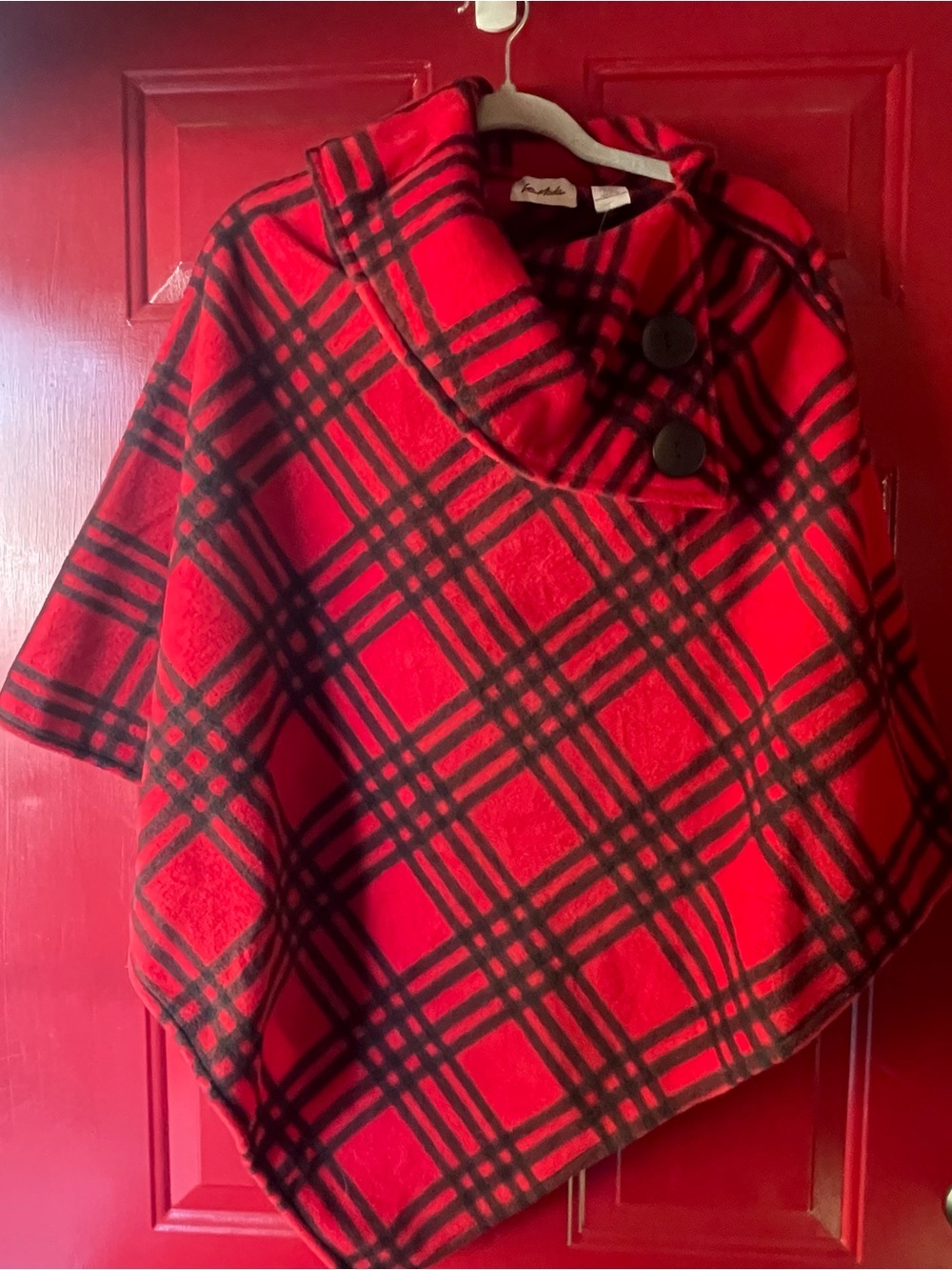 LeModa Red Plaid Wool Poncho with Button Collar